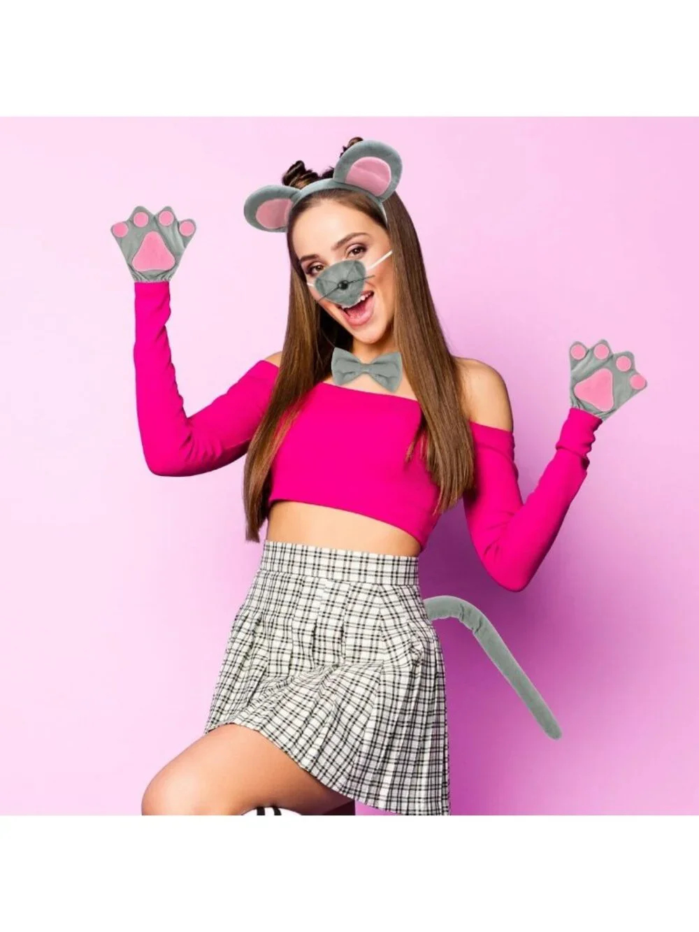 3 Blind Mice Costume Accessory Set - Ears, Tail, Nose, Bow Tie & Gloves for